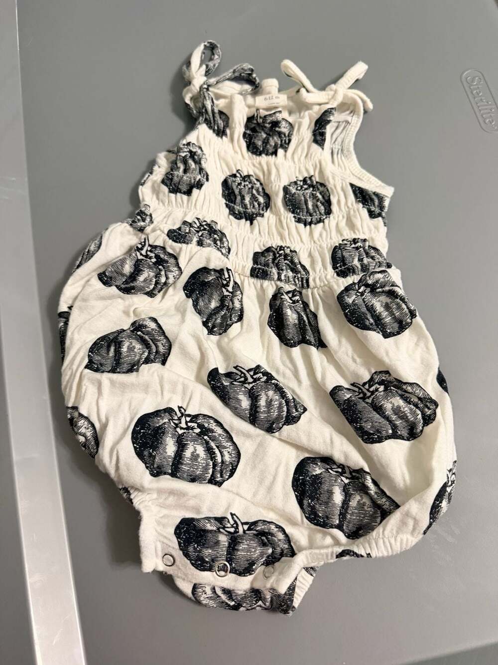Kate Quinn Pumpkin Smocked Bubble Romper Size 6-12M Black White Fall Halloween